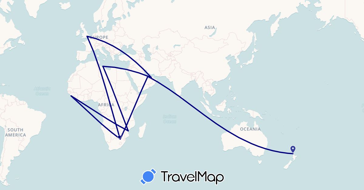 TravelMap itinerary: driving in United Arab Emirates, United Kingdom, Guinea, Libya, Mozambique, New Zealand, Qatar, South Africa (Africa, Asia, Europe, Oceania)